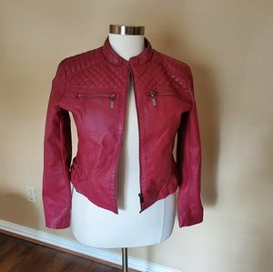 Red Vegan Leather Jacket with Quilted Detail